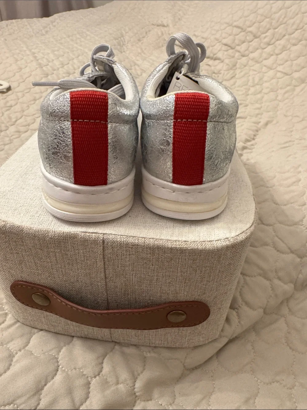 Geox Silver Metallic Sneakers with Red and Black Stripe Detail